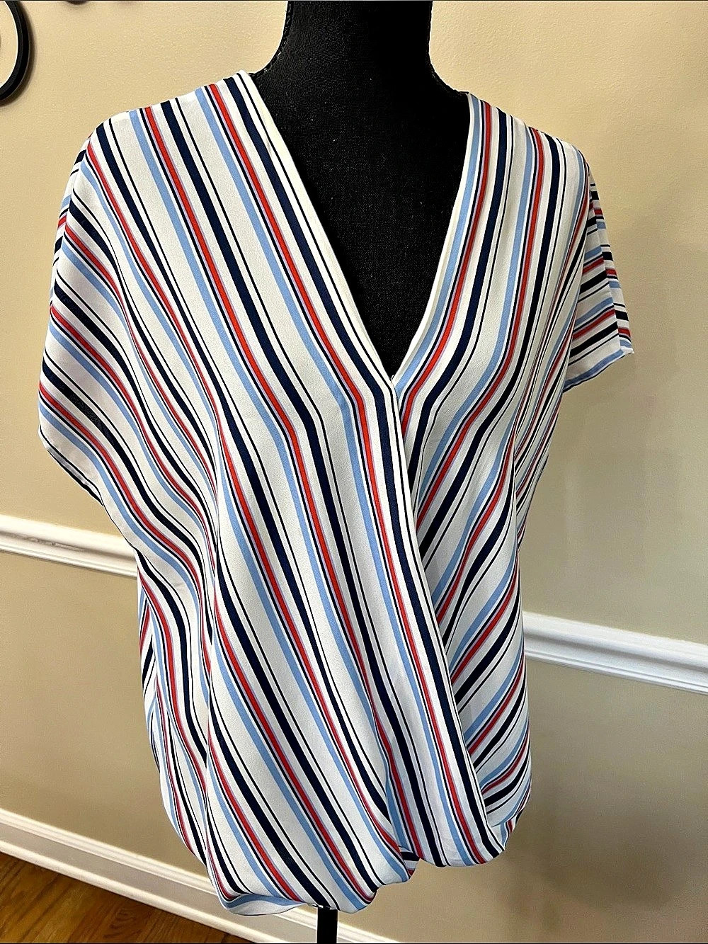 Adrianna Papell Striped Polyester Blouse in White & Blue